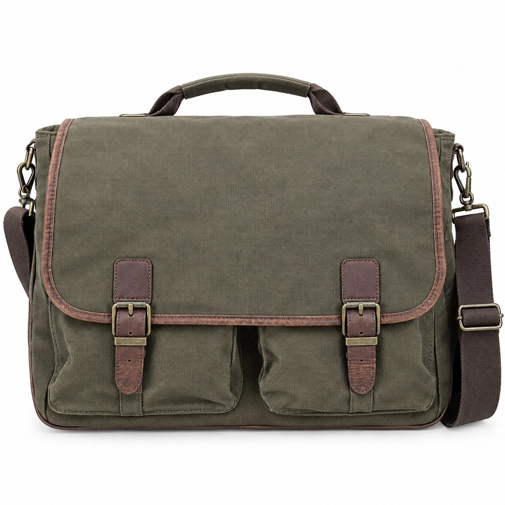 Eddie Bauer Messenger Bag Men's Nylon Leather Trim Vintage Briefcase Olive Green